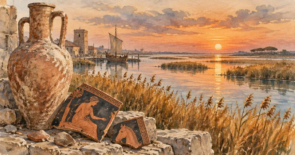 Illustrazione ad acquerello di un'anfora e ceramiche attiche a figure rosse davanti a una laguna antica al tramonto, evocazione di Adria porto sul mare