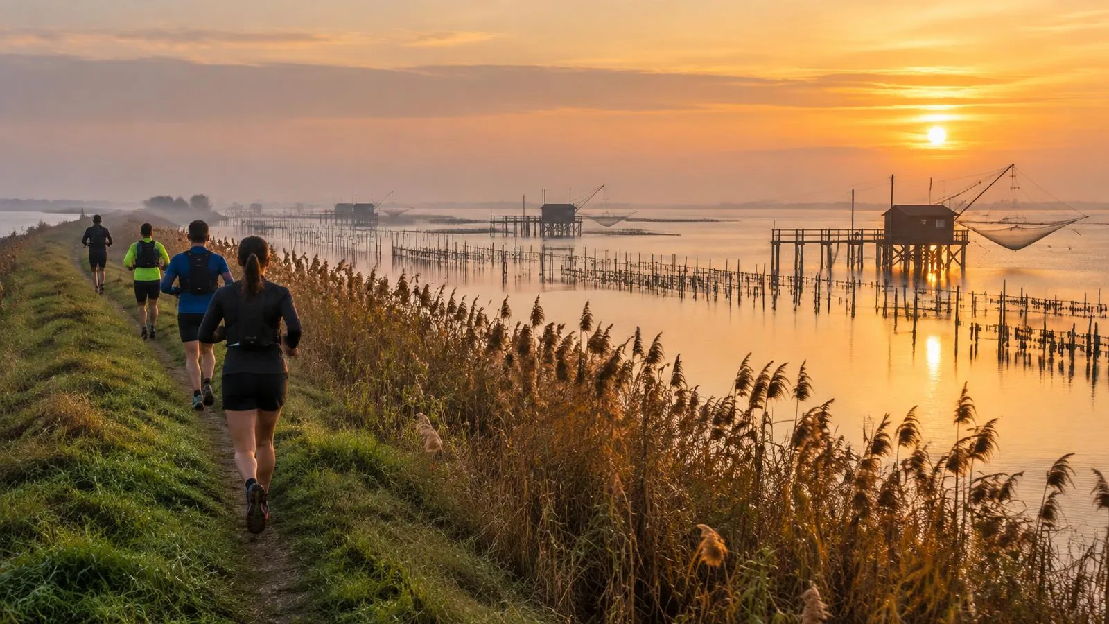 Runner sull'argine della Sacca degli Scardovari all'alba – Epica dell'Acqua, Delta del Po