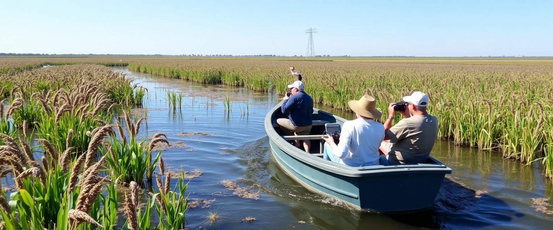 Motonave in navigazione tra i canneti del Delta del Po durante un'escursione