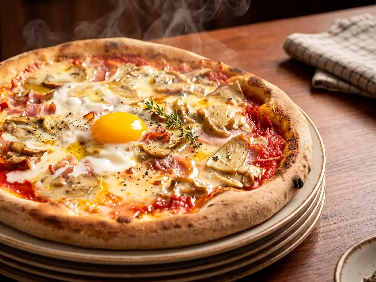 Pizza Ingorda del RistòItalia con pomodoro, mozzarella, pancetta stufata, porcini, gorgonzola e uovo